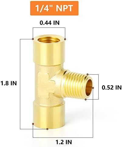 GASHER 2PCS Brass 3 Way Pipe Fitting Male Branch Tee T Adapter 1/4" NPT Female x 1/4" NPT Male x 1/4" NPT Female