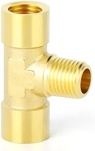GASHER 2PCS Brass 3 Way Pipe Fitting Male Branch Tee T Adapter 1/4" NPT Female x 1/4" NPT Male x 1/4" NPT Female