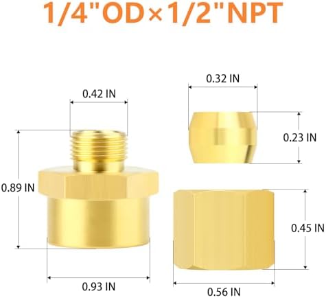 GASHER 5PCS Brass Compression Union Tube Pipe Fitting Connector, 1/4" Tube OD x 1/2" NPT Female Connector