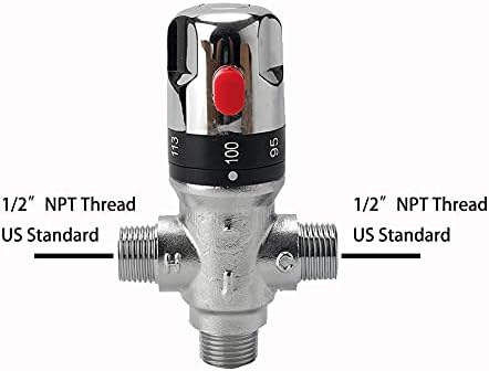 TreMax Thermostaic Mixing Valve with 1/2 NPT Thread, Shower Mixing Valve with NPT Connector no need Adaptors, Temperature Control Valve, Fahrenheit Scale Mark, Solid Brass- Silver