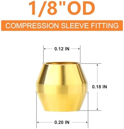 GASHER 200PCS Brass Compression Fitting, Brass Compression Sleeve Ferrules 1/8" Tube OD