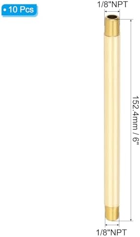 PATIKIL 1/8" x 1/8" NPT Male Brass Pipe Fitting Long Nipple, 10Pcs 6" Long Straight Pipe Fitting Connector Extender for Fuel, Air, Water, Oil, Gas System Connection, 1200PSI
