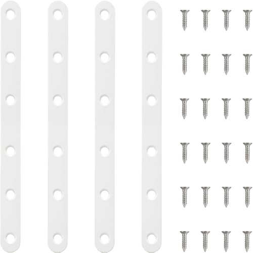 4 Pack White Straight Brackets, 8 Inch Stainless Steel Flat Brace Mending Plates, Heavy Duty Repair Brackets for Wood Furniture with Screws