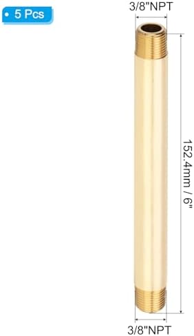 PATIKIL 5Pcs 6" Long 3/8" x 3/8" NPT Male Brass Pipe Fitting Long Nipple, Brass Tone