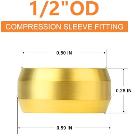 GASHER 100PCS Brass Compression Fitting, Brass Compression Sleeve Ferrules 1/2" Tube OD