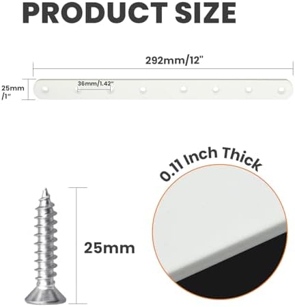 Alise Flat Bracket ,12 Inch White Mending Plate Flat Brace for Wood Shelves