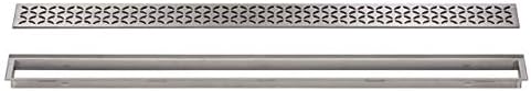 All-in-one Waterproof Linear Shower Drain Kit with 36 Inch Off-set Outlet Channel Body (KL1VO60E90) and Drain Grate Assembly (Cover) in Floral Design with Brushed Stainless Steel Finish (KL1IFE23EB90)