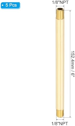 PATIKIL 1/8" x 1/8" NPT Male Brass Pipe Fitting Long Nipple, 5Pcs 6" Long Straight Pipe Fitting Connector Extender for Fuel, Air, Water, Oil, Gas System Connection, 1200PSI