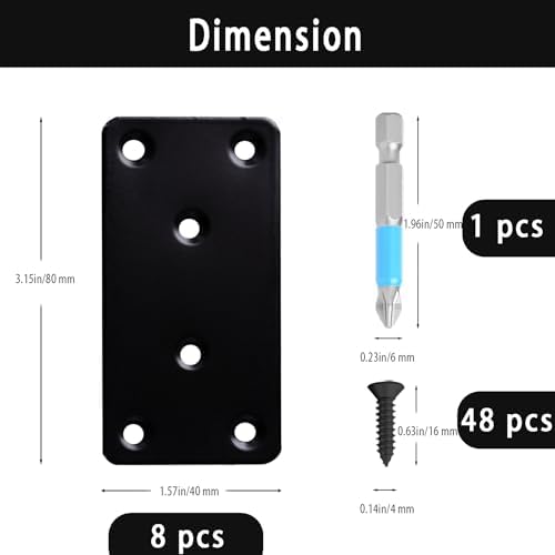 8 Pcs Mending Plate, 3.15 x 1.57 inch Stainless Steel Flat Plates with Holes, Straight Metal Mounting Braces Brackets Kit for Furniture, Wood Joint Connector (Black, 3.15 inch)