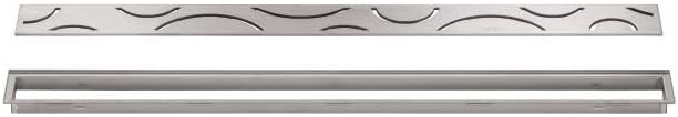 All-in-one Waterproof Linear Shower Drain Kit with 32 Inch Off-set Outlet Channel Body (KL1VO60E80) and Drain Grate Assembly (Cover) in Curve Design with Brushed Stainless Steel Finish (KL1IFF23EB80)