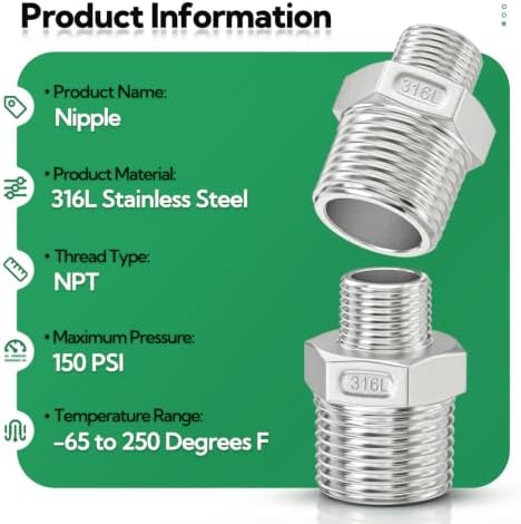 TAISHER 2PCS 316L Hex Nipple, Pipe Fitting 1-1/4" x 1" Male NPT