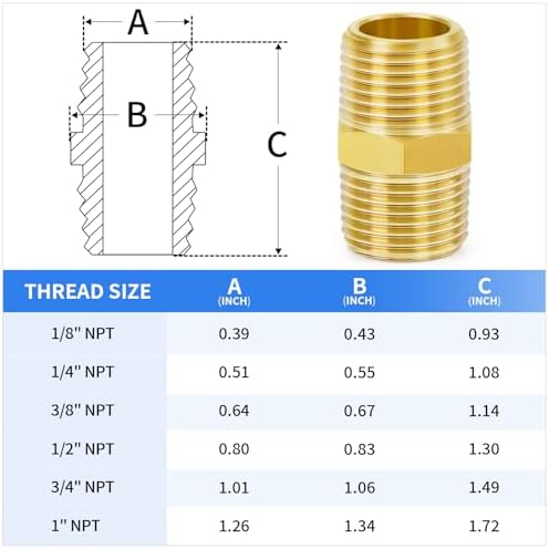 ChillWaves Brass Pipe Fitting，Hex Nipple 1/8" NPT Male x 1/8" NPT Male Thread Adapter(6-PACK)