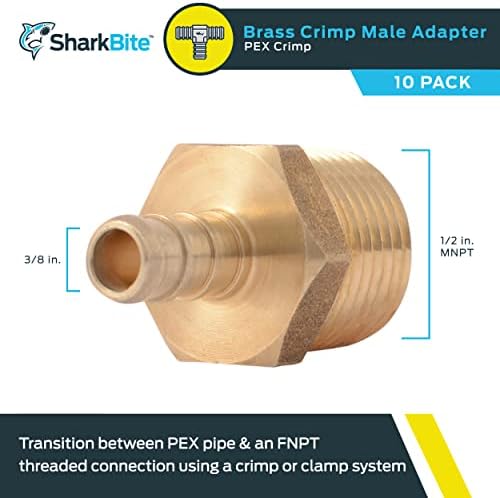 SharkBite 3/8 x 1/2 Inch Crimp MNPT Male Adapter, Pack of 10, Brass Plumbing Fitting, PEX Pipe, Copper, UC118LF