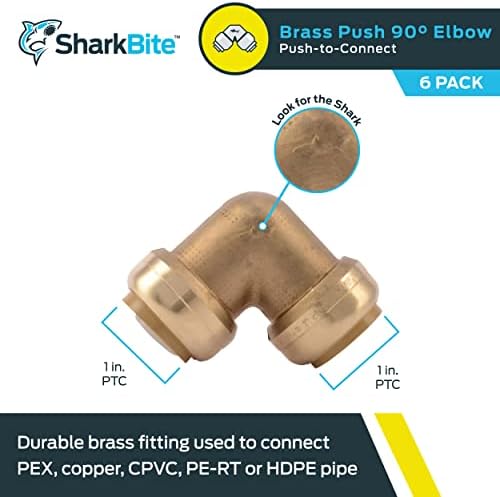 SharkBite 1 Inch 90 Degree Elbow, Pack of 6, Push to Connect Brass Plumbing Fitting, PEX Pipe, Copper, CPVC, PE-RT, HDPE, U260LF