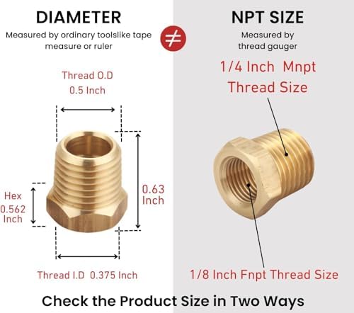 Brass Reducer Hex Bushing, 1/4 NPT Male to 1/8 NPT Female