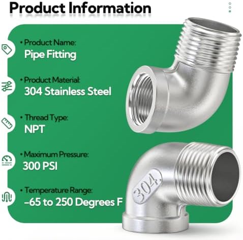 TAISHER 2PCS 304 Stainless Steel 90 Degree elbow,1-1/2" NPT Male Pipe to 1-1/2" NPT Female 304 Stainless Steel Pipe Fitting