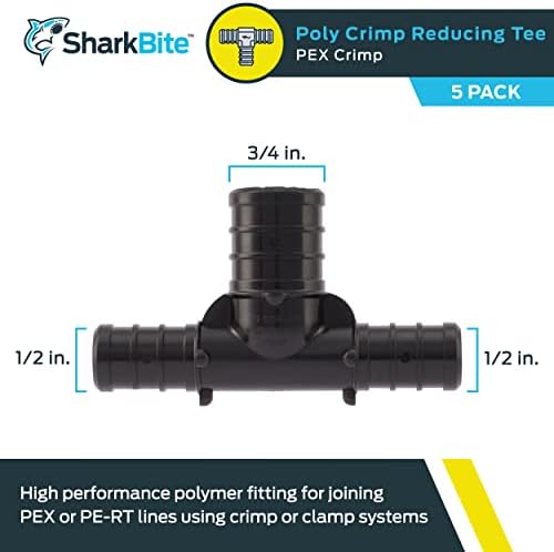 SharkBite 1/2 x 1/2 x 3/4 Inch Poly Crimp Reducing Tee, Pack of 5, PEX Pipe, PE-RT, UP408A5