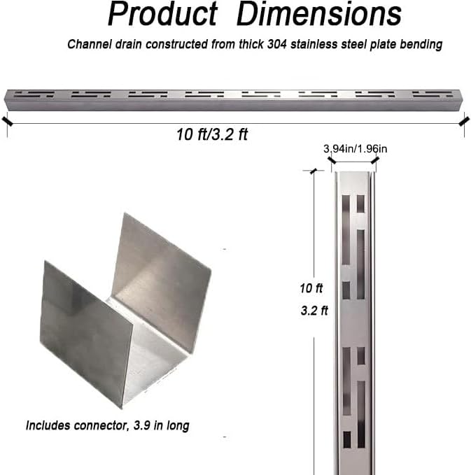 Channel Drains Narrow Pool Deck Drain Grate Under Trench Drainage System 304 Stainless Steel U Shaped Drain Kit, Pipe for Outdoor Patio Balconies 39.4x2x2 in