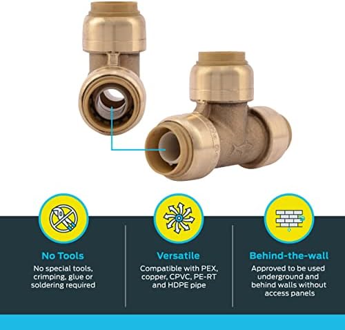 SharkBite 1/2 Inch Tee, Pack of 4, Push to Connect Brass Plumbing Fitting, PEX Pipe, Copper, CPVC, PE-RT, HDPE, U362LFA4