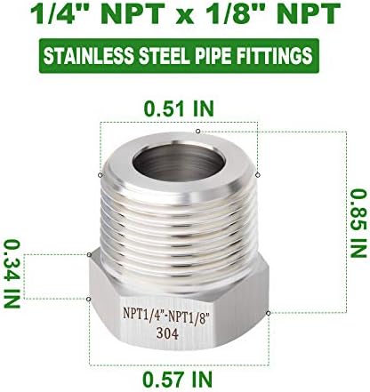 TAISHER 5PCS Forging of 304 Stainless Steel Reducer Hex Bushing, 1/4" Male NPT to 1/8" Female NPT, Reducing Forging Pipe Adapter Fitting