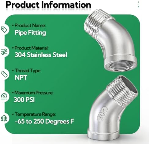 TAISHER 2PCS 304 Stainless Steel 45 Degree elbow,1/4“ NPT Female Pipe to 1/4” NPT Male Pipe Fitting