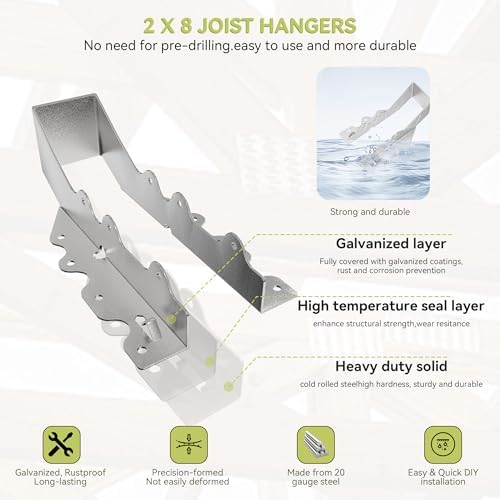 25 pcs 2x8 Joist Hanger,LU28 18 Gauge Galvanizing Face Mount Joist Hangers for Wood,Hurricane Tie for Rafter Fits Truss Connectors Rafter Hangers 2x8 Great for Floor Deck and Ceiling Joists