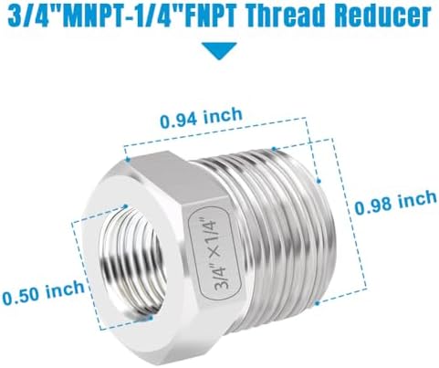 Quickun Stainless Steel Reducing Hex Bushing, 3/4" Male NPT to 1/4" Female NPT, Reducer Bushing Pipe Hose Fitting （Pack of 2）