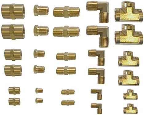 Brass Pipe Fittings, NPT Tee, Hex Head, Hex Nipple, Hex Coupling, 90 Degree Barstock Forged Elbow, Air Hose Fittings, 1/8" 1/4" 3/8" NPT Brass Fittings Kit, for Up to 1200PSI