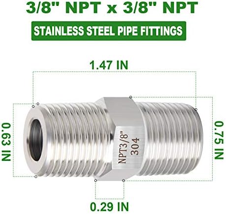TAISHER 5PCS 304 Stainless Steel Hex Nipple, Pipe Fitting 3/8-Inch Male Pipe x 3/8-Inch Male Pipe