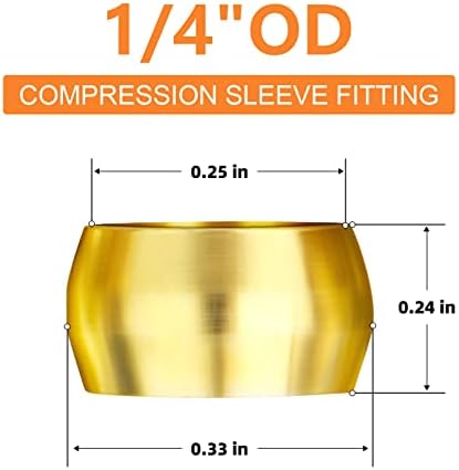 GASHER 200PCS Brass Compression Fitting, Brass Compression Sleeve Ferrules 1/4" Tube OD