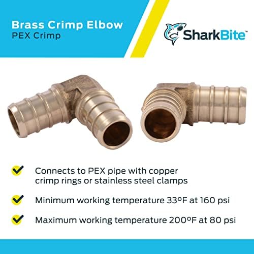 SharkBite 1 Inch Crimp 90 Degree Elbow, Pack of 10, Brass Plumbing Fitting, PEX Pipe, PE-RT, UC260LFA10