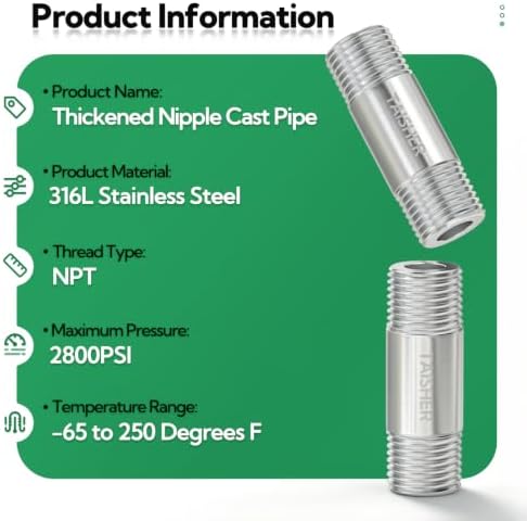 TAISHER 2Pcs 316 Thickened Nipple Cast Pipe,3/8" NPT Male, 2" Length