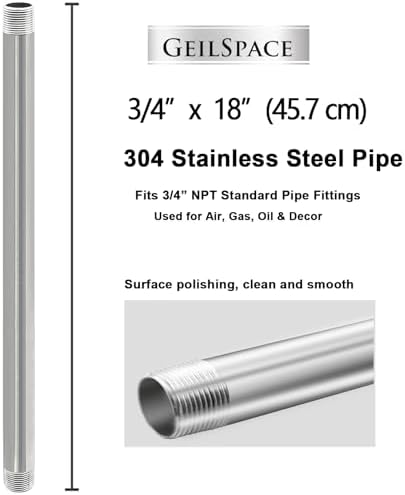 GeilSpace 3/4" x 18" 304 Stainless Steel Nipple Pipe Fitting, NPT Threaded