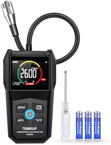 Gas Leak Detector, TEMIRUP Natural Propane Gas Sniffer Combustible Gas Leak Detector with 50-50000PPM 100% LEL, 2.6'' Color LCD Display,Temperature Measure, 12" Flexible Probe,High Sensitivity