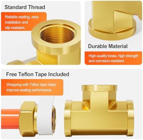 GASHER 2 Pcs Brass Tee Fitting, 1/2" x 1/2" x 1/2" NPT Female Pipe Fittings
