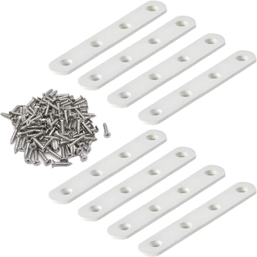 8 Pack 4 Inch Flat Bracket Straight Brace, White Stainless Steel Mending Plates, Heavy Duty Repair Brackets for Wood with Mounting Screws