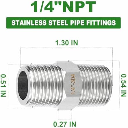 TAISHER 5PCS 304 SS New Hex Nipple,1/4" NPT Male, Pipe Adapter Fitting