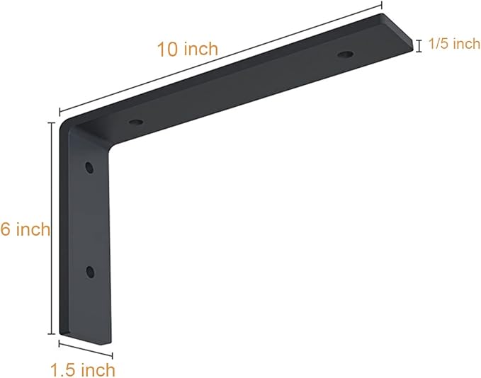 Heavy Duty Shelf Brackets 10 inch Rustic L Black Shelf Brackets 10 x 6 inches Metal Iron Industrial Shelf Bracket - L10 x H 6" x W 1.5" - 4 Pack