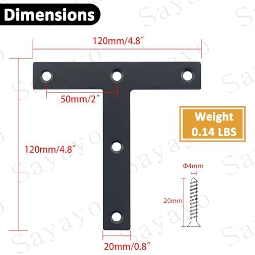 SAYAYO T Brace, 120x120mm (5" x 5") T Brackets Mending Plate Flat Repair Plates Joining Bracket Brace, Stainless Steel Matte Black, 6 Pcs