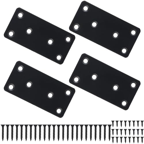 Metal Steel Flat Straight Brace Bracket, Black Double-Wide Joining Plate for Wood Furniture Fastening & Fixing with 2 Sets of Screws of Different Lengths (40x80mm, 4 Pack)