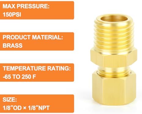 GASHER 10PCS Brass Compression Tube Pipe Fitting Connector, Straight Coupling Adapter 1/8" Tube OD x 1/8" NPT Male Connector
