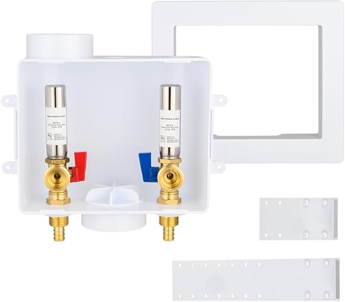 EFIELD Universal Washing Machine Outlet Box, 1/2-inch Pex Crimp Inlet Connection With Stainless Steel Water Hammer Arrestor, Center Drain,(WM052)