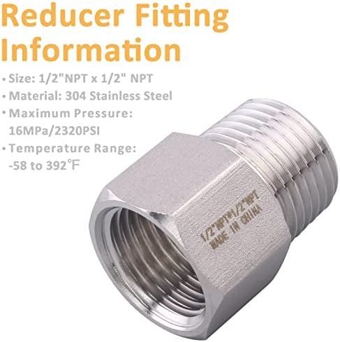 Forged Reducer Adapter Fitting - Stainless Steel 304 Reducing Pipe Connector, 1/2" NPT Female x 1/2" NPT Male (pack of 2)