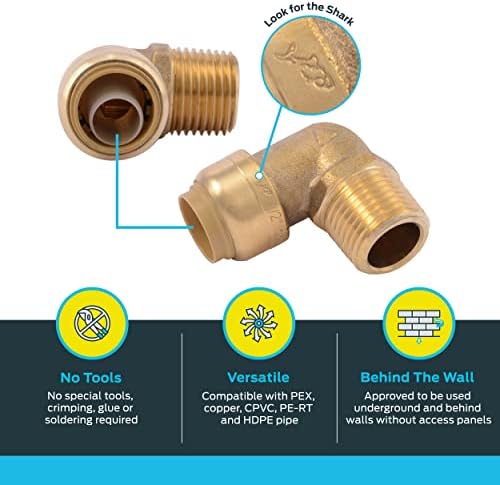 SharkBite 1/2 Inch 90 Degree Male Adapter Elbow, Pack of 6, Push to Connect Brass Plumbing Fitting, PEX Pipe, Copper, CPVC, PE-RT, HDPE, U280LF