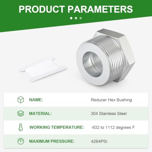 TAISHER 1PCS Forging of 304 Stainless Steel Hex Bushing, 1-1/2" Male NPT to 1" Female NPT, Reducing Cast Pipe Adapter Fitting