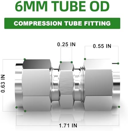 TAISHER 5PCS 304 Stainless Steel Compression Tube Pipe Fitting Connector, 6MM Tube OD x 6MM Tube OD Straight Adapter