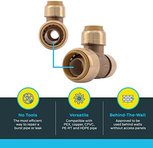 SharkBite 3/4 Inch x 1/2 Inch x 1/2 Inch Reducing Slip Tee, Push To Connect Brass Plumbing Fitting, PEX Pipe, Copper, CPVC, PE-RT, HDPE, U454LFA