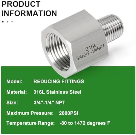 TAISHER 2PCS Forging of 316L Stainless Steel Pipe Fitting, Reducer Adapter, 1/4" NPT Male x 3/4" NPT Female, Reducing Pipe