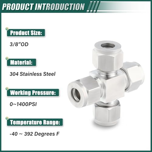 1PCS 304 Stainless Steel 4 Way Compression Tube Pipe Fitting Connector, 3/8" Tube OD 4 Way Adapter for fuel/air/liquid/oil/gas/vacuum pipelines