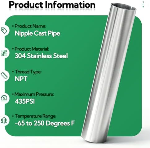 TAISHER 1Pcs 304 SS Nipple Cast Pipe Fitting, 1-1/2" NPT Female, 12" Length